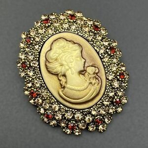 Yellow Gold with Champagne Topaz Crystal Victorian Lady Cameo Pin Back Brooch